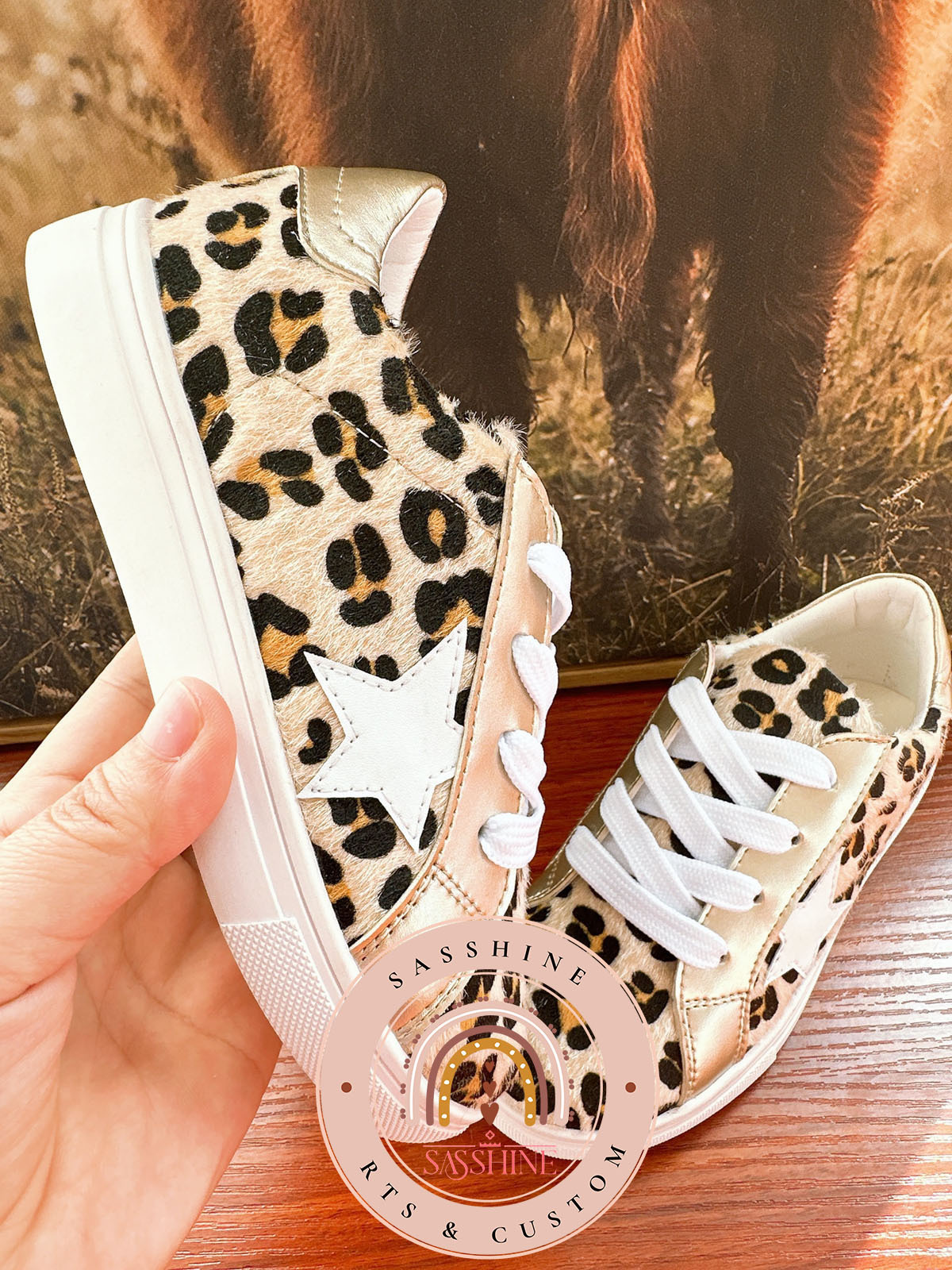 Hot Selling Kid's Hair-on Leopard Star Sneaker Toddler Girls Cheetah Printed Shoes Children's Casual Gold Lace-up Flat Sneakers