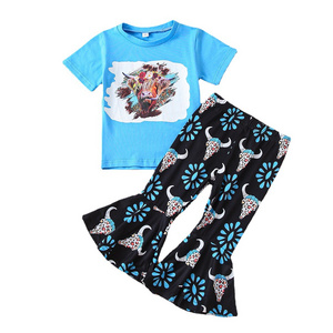 Children High Quality Baby Girls Turquoise Bell Bottom Sets Blue Bleached Top Outfits Kids Cute Buffalo Print Shirt Clothes  Set