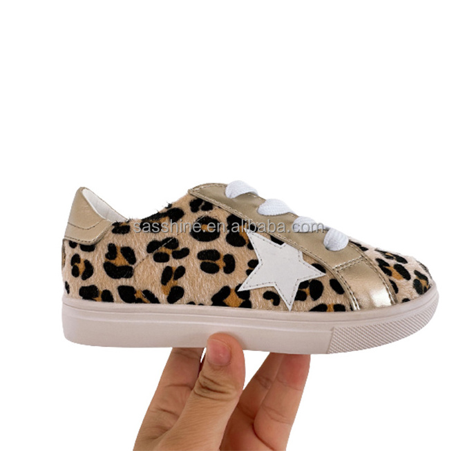 Hot Selling Kid's Hair-on Leopard Star Sneaker Toddler Girls Cheetah Printed Shoes Children's Casual Gold Lace-up Flat Sneakers