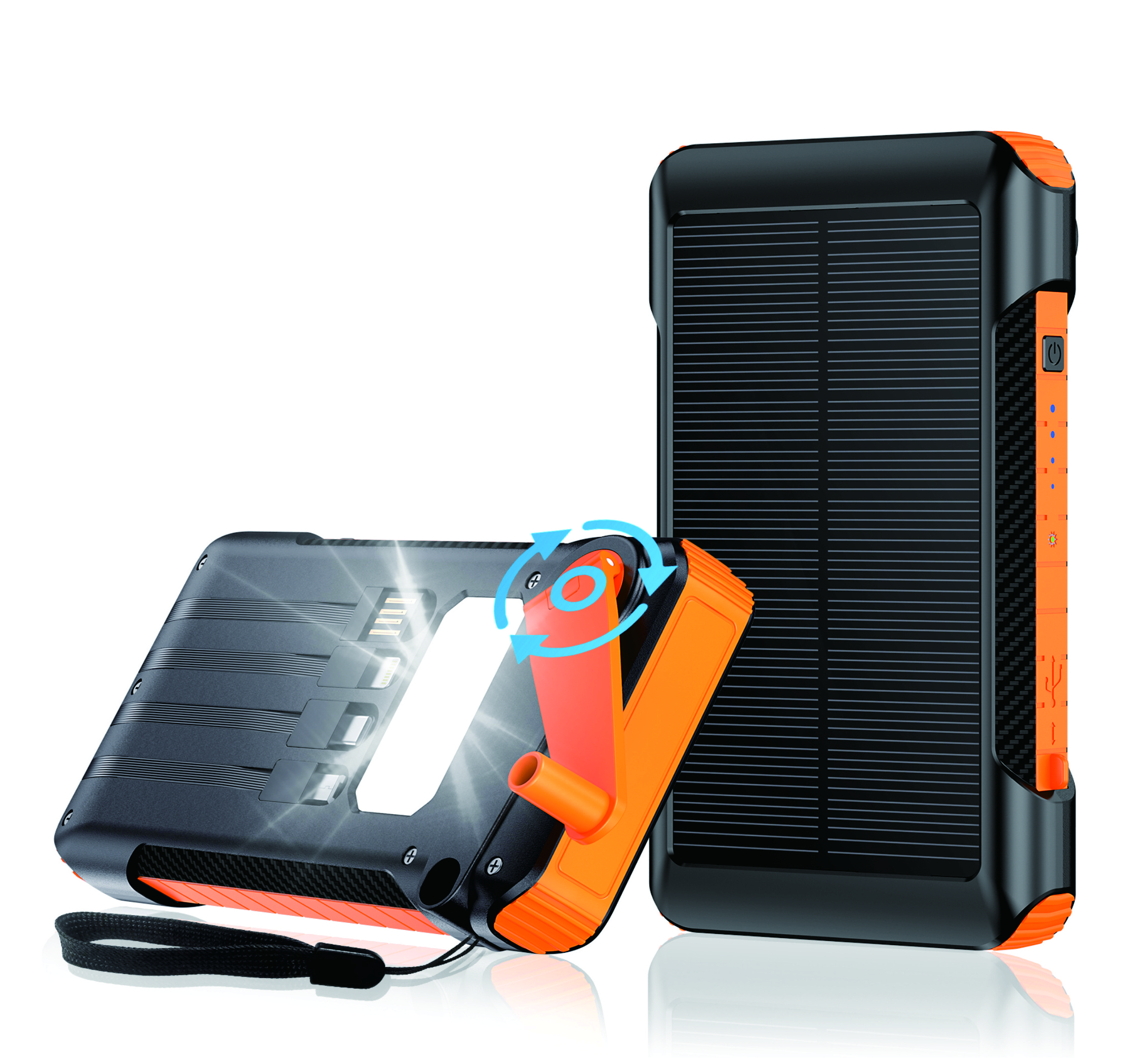 Versatile Solar Power Bank 10000mAh Capacity Waterproof with LED Flashlight Built-in Cable and Hand Crank Power Generation