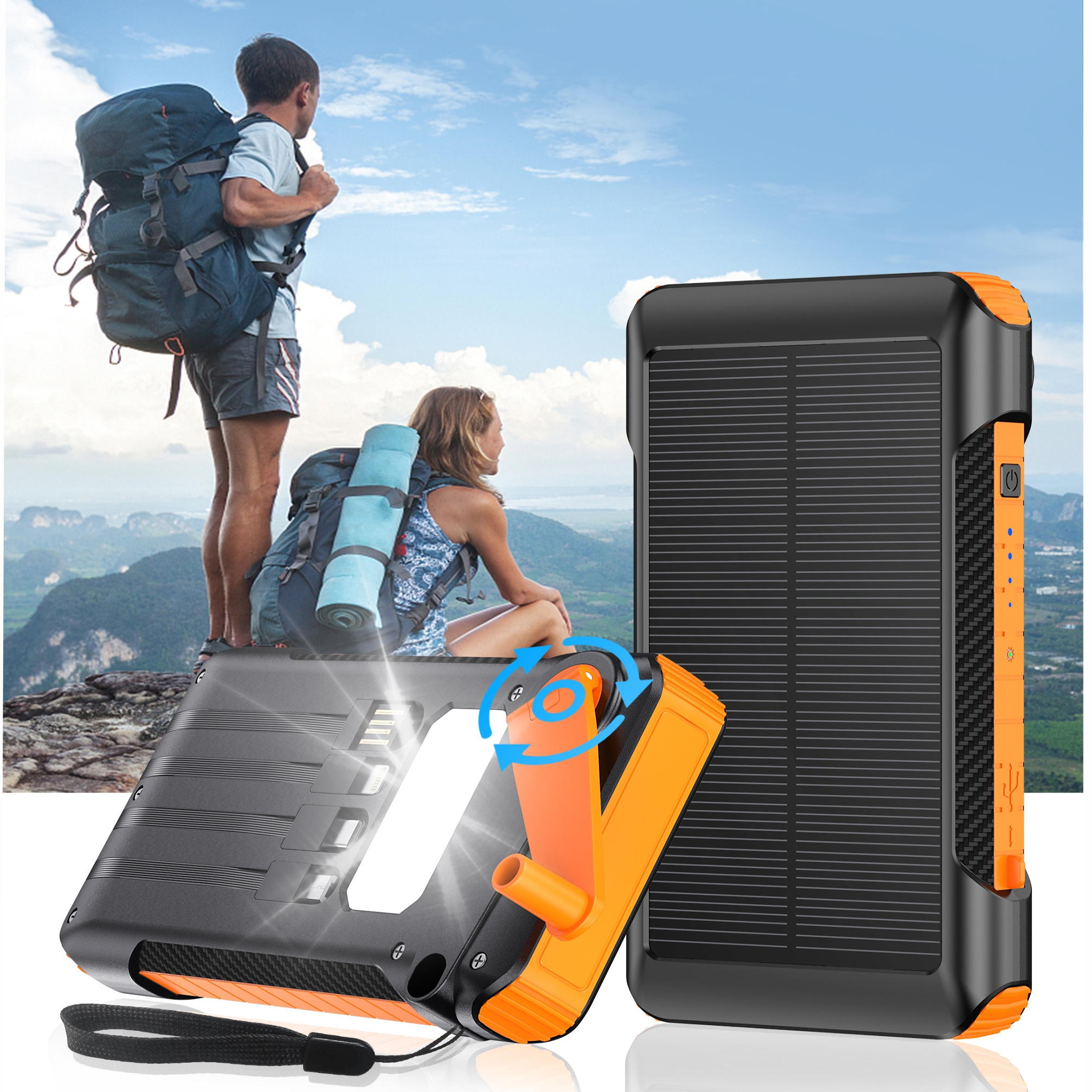 Versatile Solar Power Bank 10000mAh Capacity Waterproof with LED Flashlight Built-in Cable and Hand Crank Power Generation