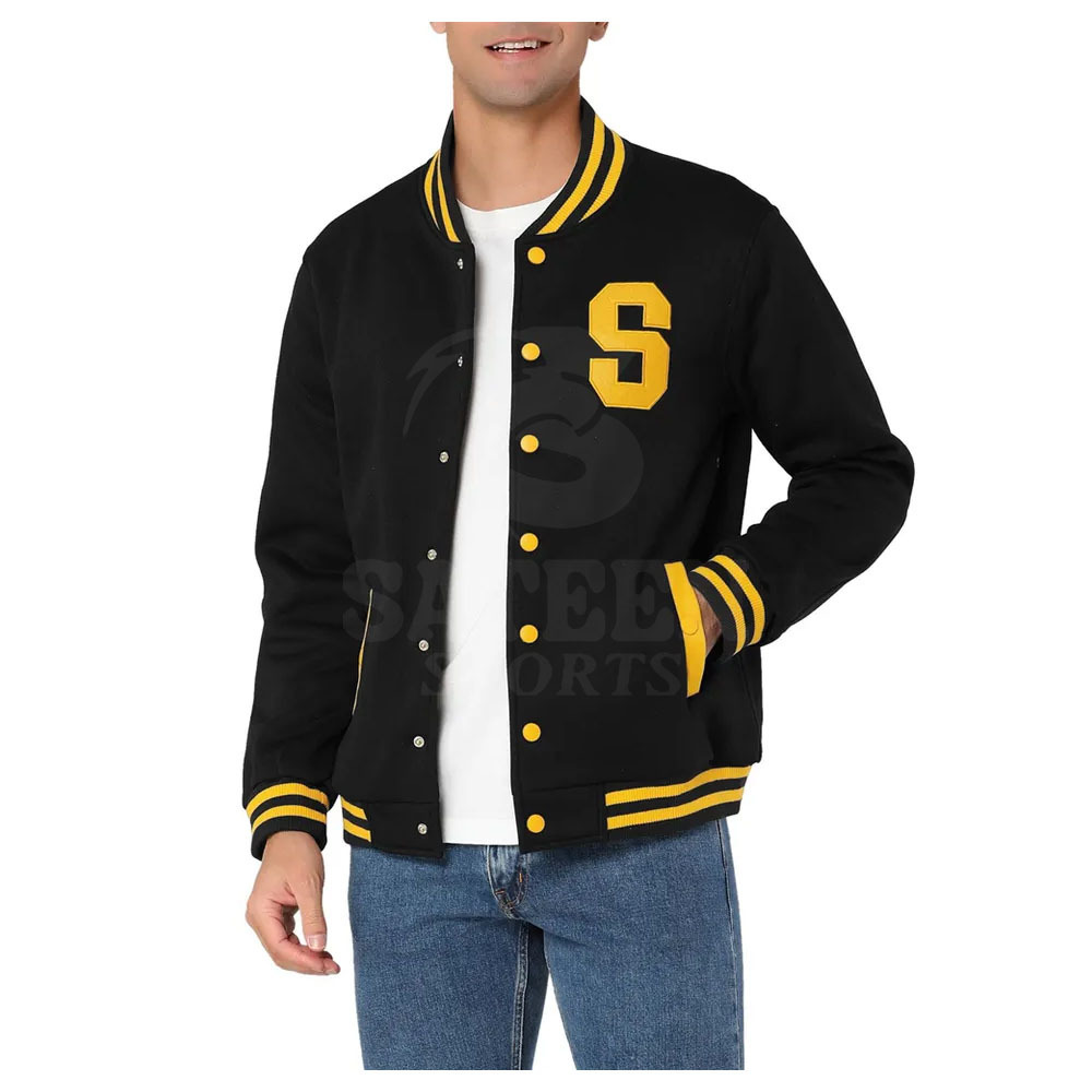 Custom Men Wool Letterman Real Leather Jacket Black With  Logos Patches and Labels Jacket For Men