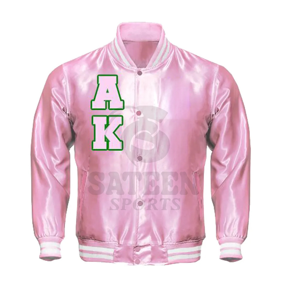 New Design Custom Embroidery Greek Fraternity Letter Sorority Applique Logo Satin Jacket 100% Polyester  Letterman Jackets