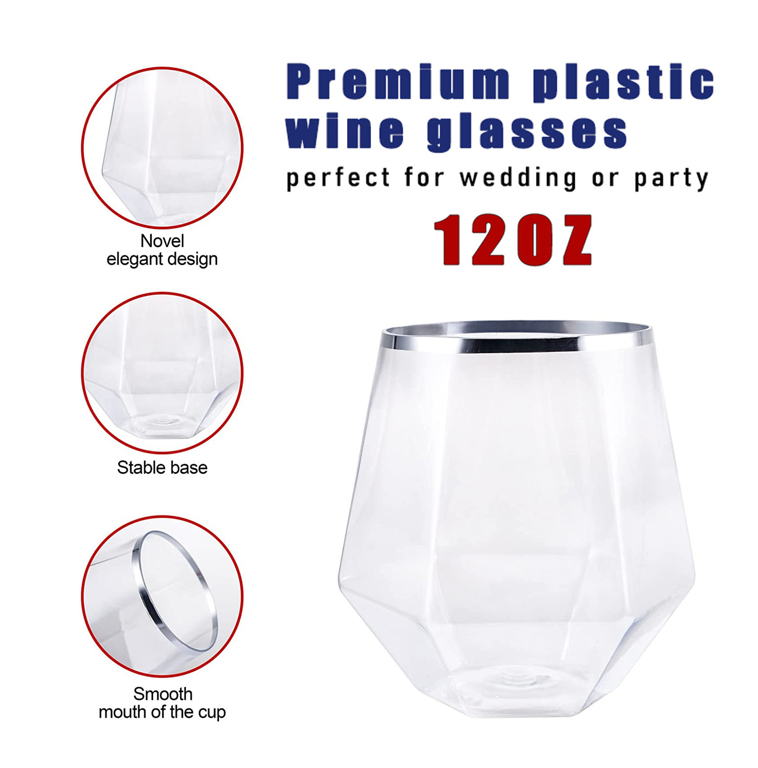 12oz Gold Rose Rim Diamond Shaped Plastic Stemless Wine Glasses Disposable Champagne Wine Whiskey Cups Shatterproof Recycled