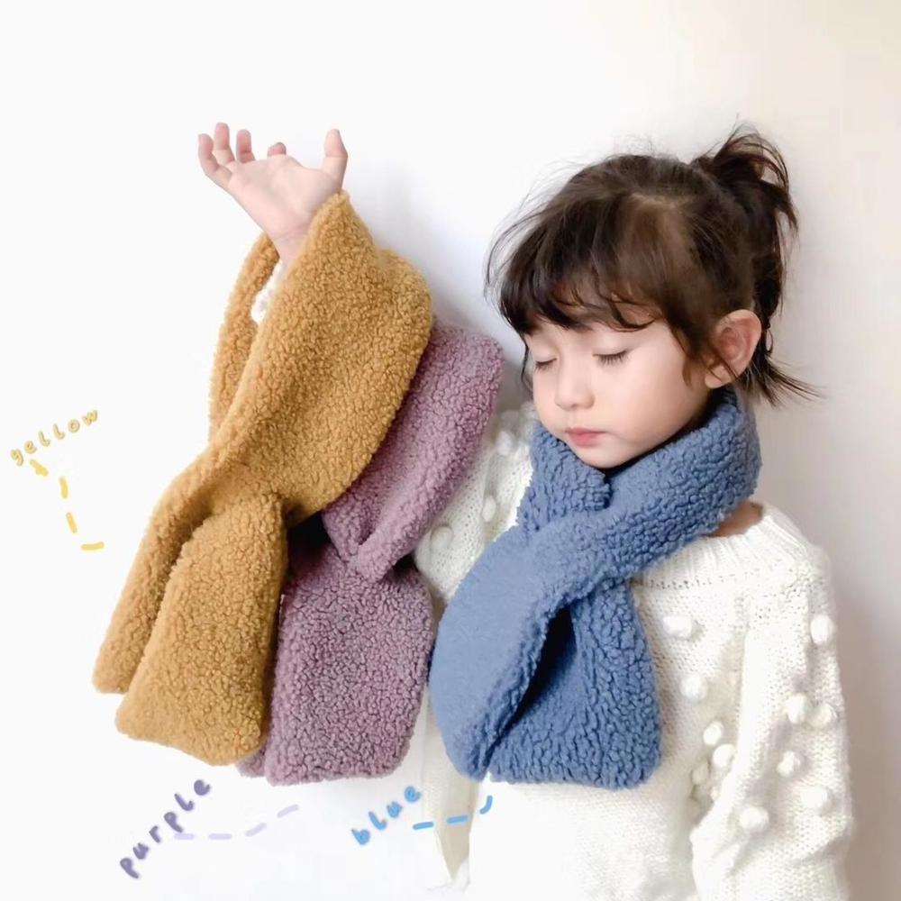 Autumn and winter new Korean children's solid color scarf berber fleece plush baby Scares Cute cross cute warm kids scarf