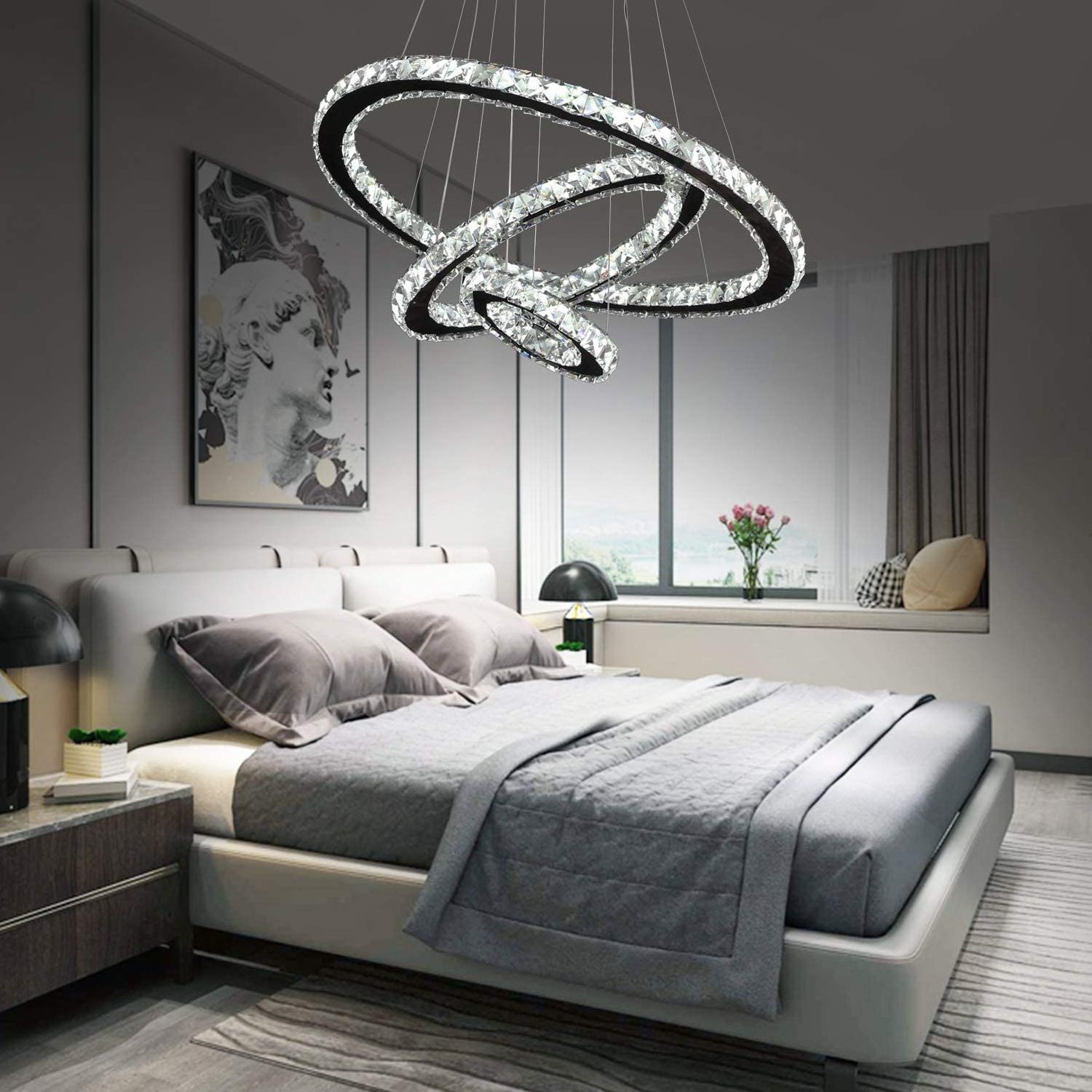 LED Modern Crystal Chandeliers 3 rings LED Ceiling Lighting Fixture Adjustable Stainless Steel Pendant Light for  Living Room