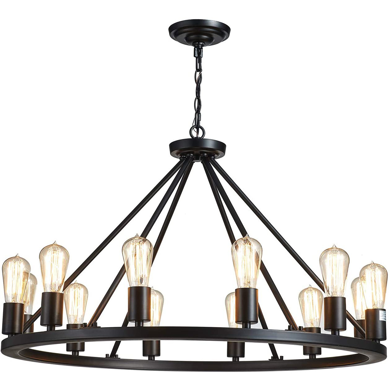 Rectangular Black Wagon Wheel Chandelier - Farmhouse Rustic Dining Room Hanging Lighting Fixture