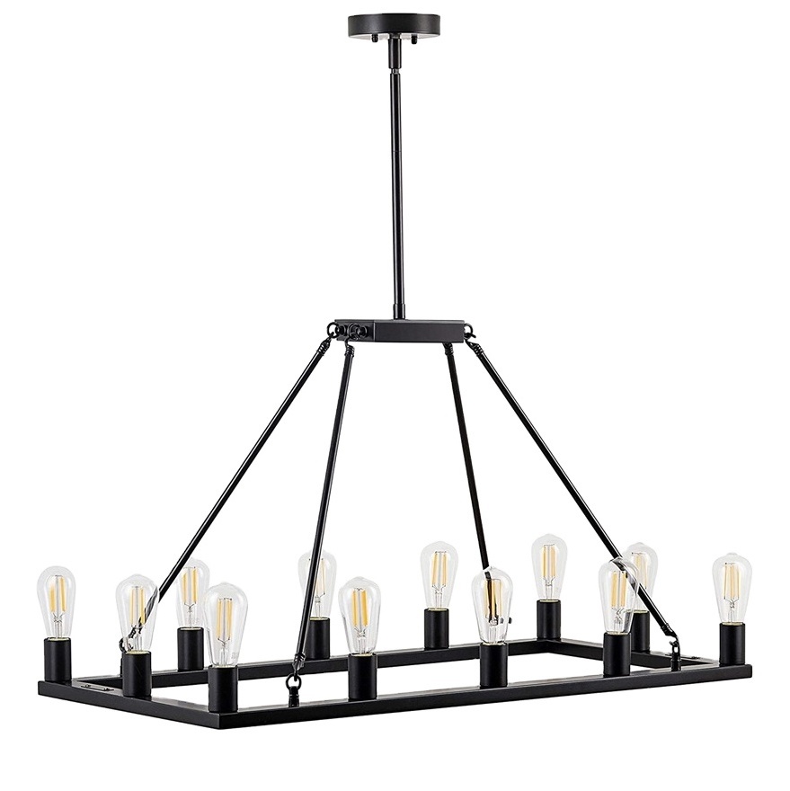 Rectangular Black Wagon Wheel Chandelier - Farmhouse Rustic Dining Room Hanging Lighting Fixture