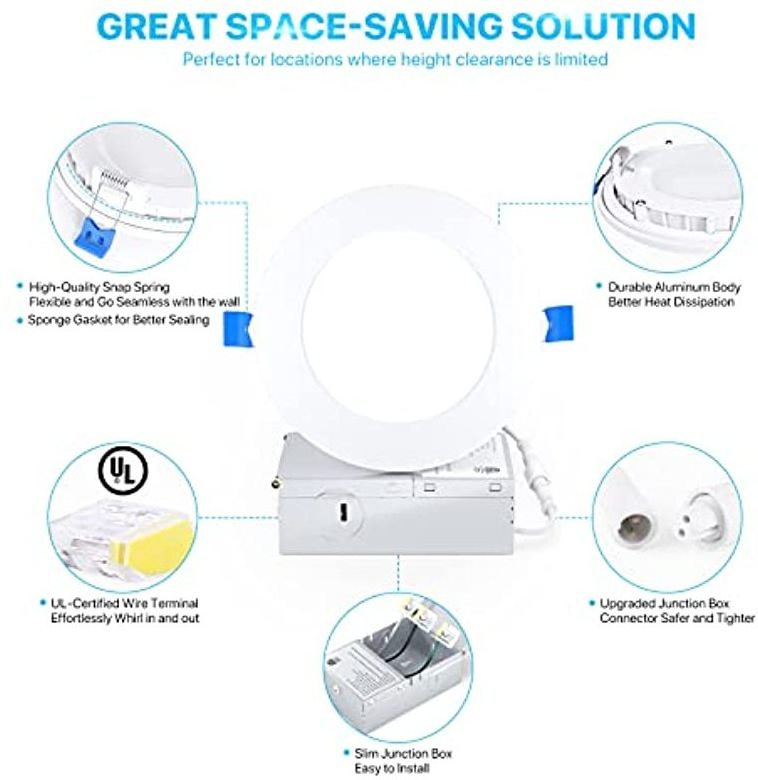 Ultra-Thin LED Recessed Ceiling Light Dimmable Can-Killer Downlight, 750LM High Brightness Ceiling Light with Junction Box