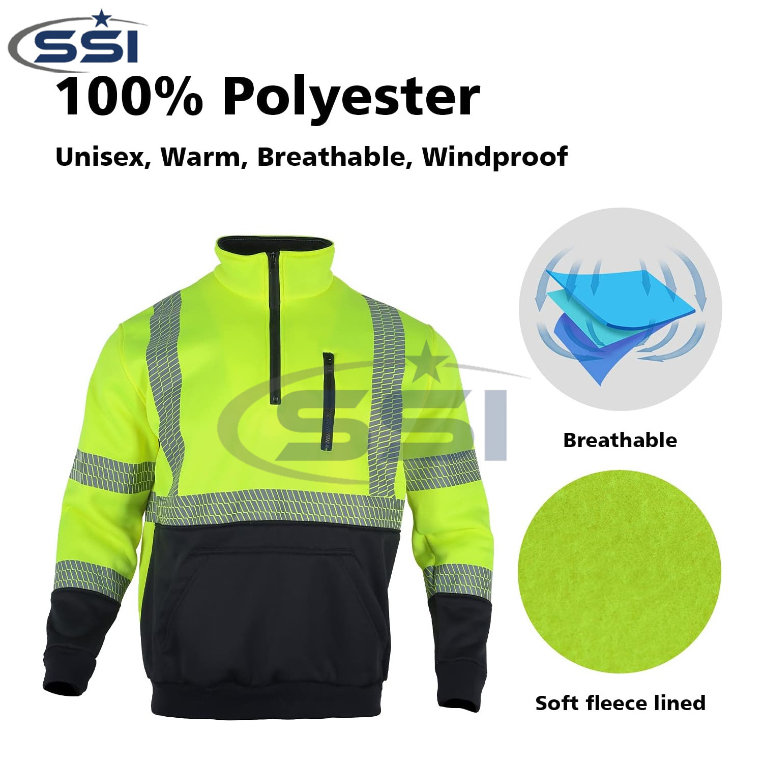 Hi Vis Safety Reflective Sweatshirt for Men ANSI Class 3 High Visibility Fleece 1/4 Zipper Jacket No Hood Yellow