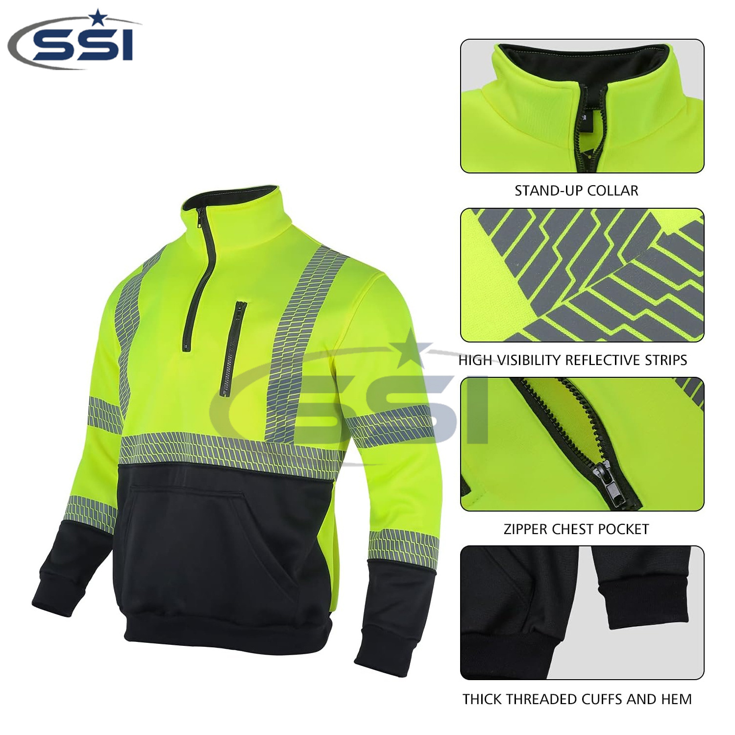 Hi Vis Safety Reflective Sweatshirt for Men ANSI Class 3 High Visibility Fleece 1/4 Zipper Jacket No Hood Yellow