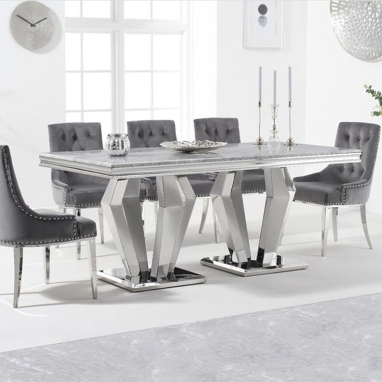 Luxury Grey Marble top Dining table set Rectangle tables crushed diamond dinning room furniture