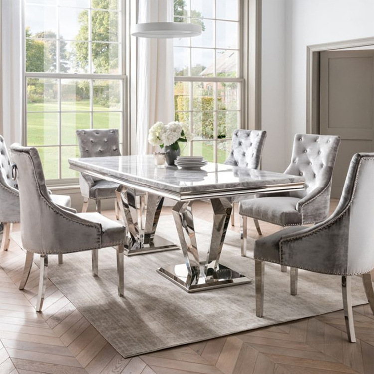 Luxury Grey Marble top Dining table set Rectangle tables crushed diamond dinning room furniture