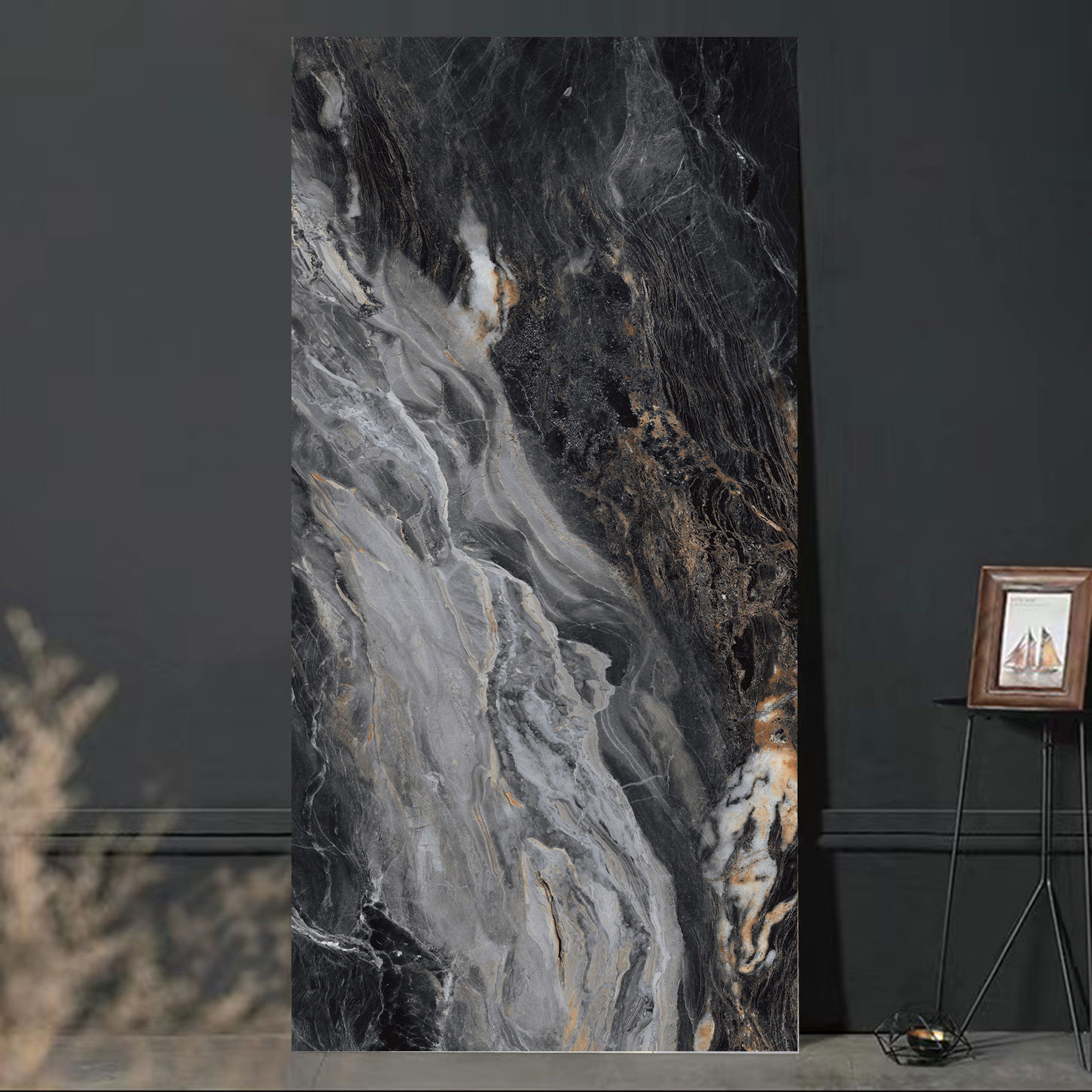 Black color drops floor interior porcelain tiles wave marble look ...