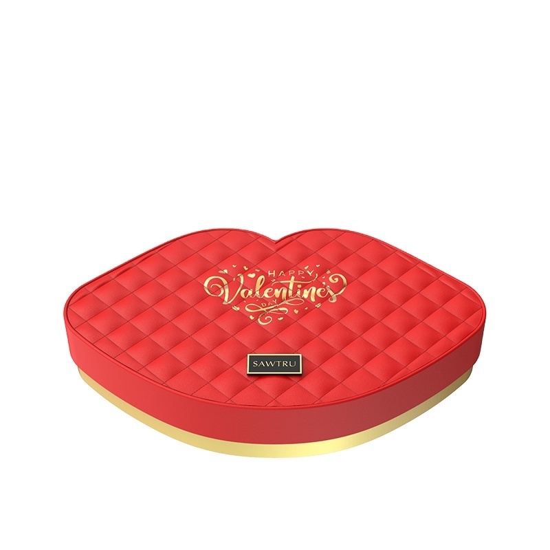 Customized Valentines day pink and red lip shape PU leather covered paper box for chocolate dessert packaging with factory price