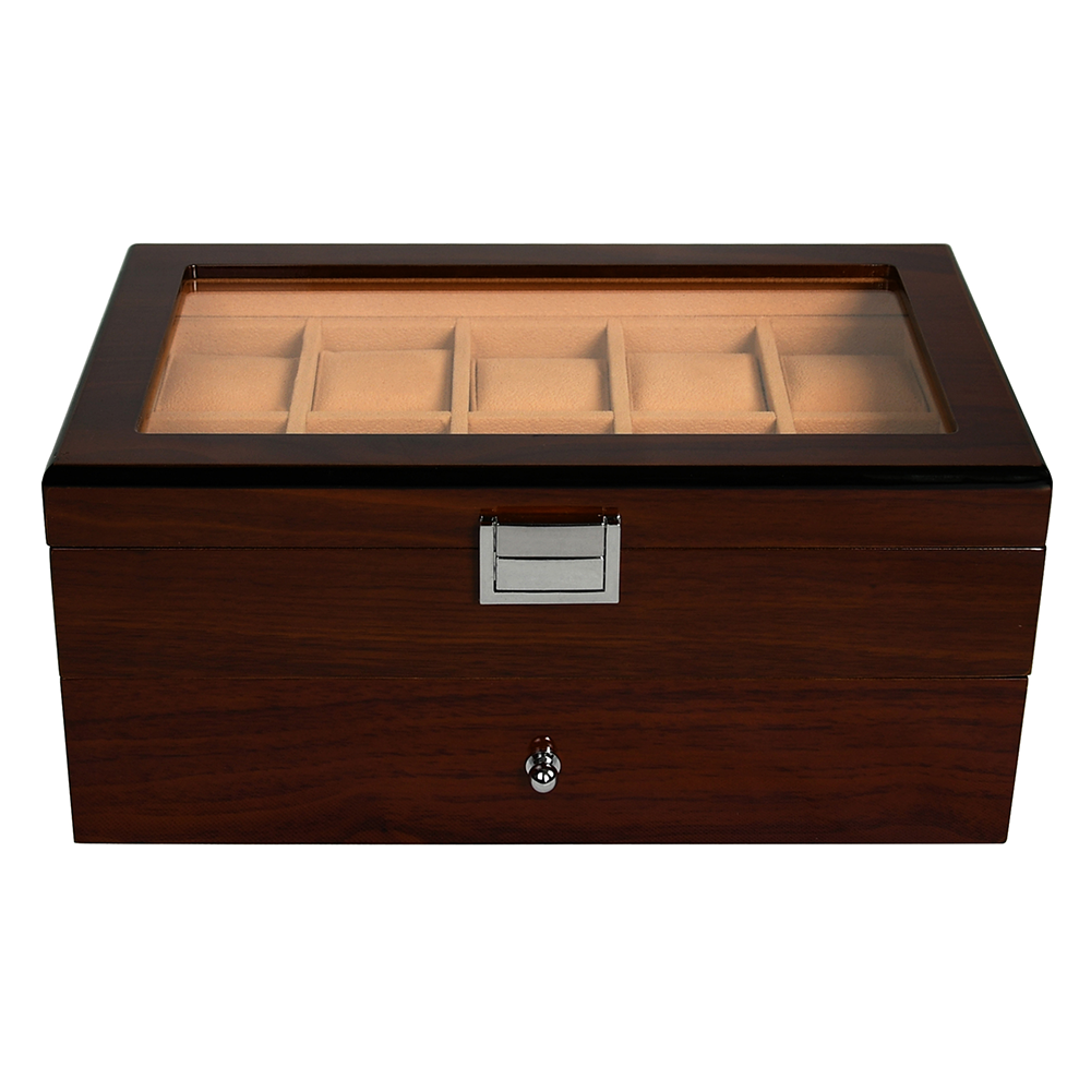 Luxury High Gloss Wooden Packaging Box Custom Logo Nature Watch Gift Box Display Case With Lock