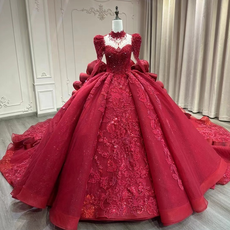 red gown ball gown long train long sleeves with hoop and veil sayabridal