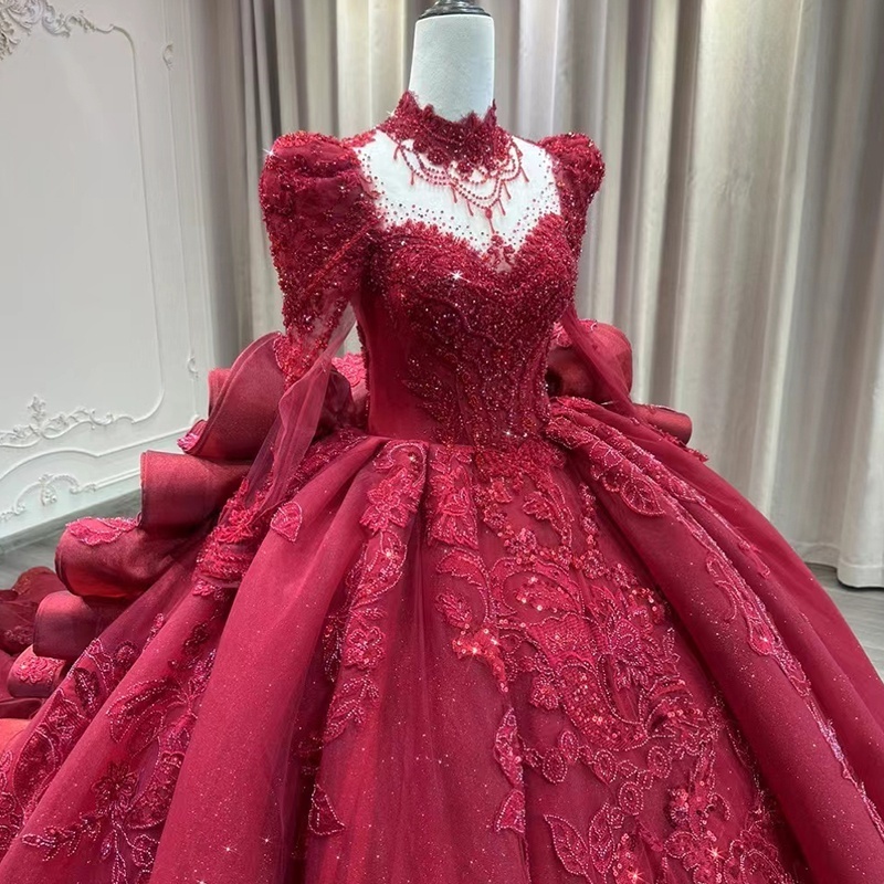 red gown ball gown long train long sleeves with hoop and veil sayabridal