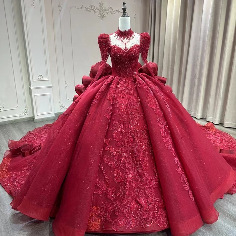 red gown ball gown long train long sleeves with hoop and veil sayabridal