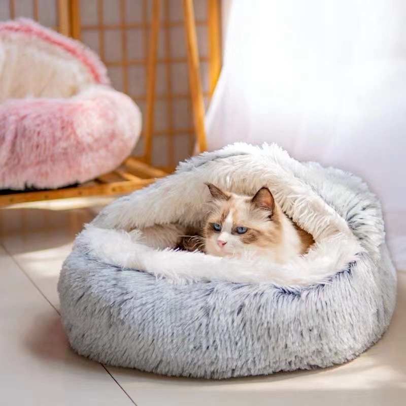 Wholesale Cute Cozy Comfy Semi Enclosed Winter Warm Indoor Washable Non-slip Round Pet Bed For Cats