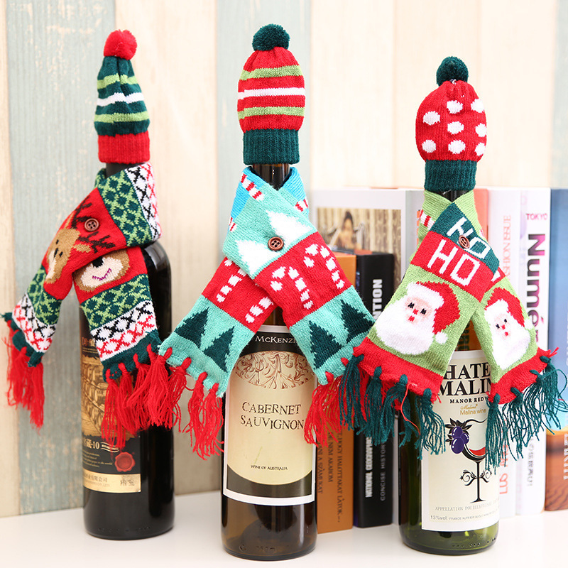 2023 Christmas Decorations Kniitted Scarf Hat Decorative Christmas Ornaments Santa Wine Bottle Sweater Cover