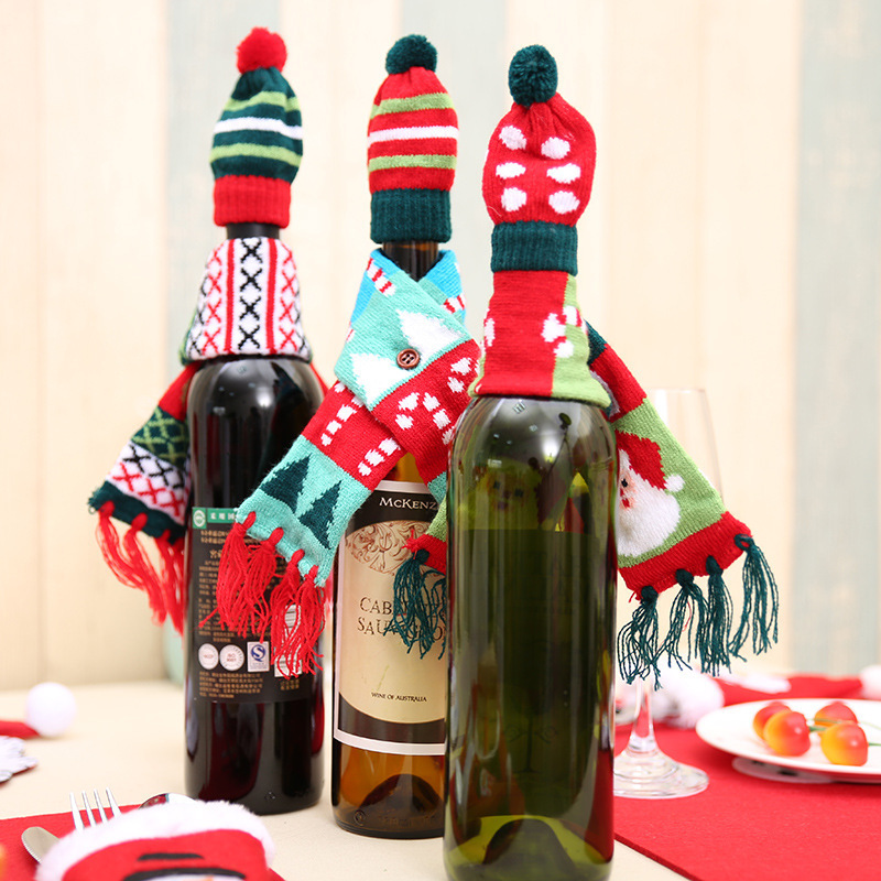 2023 Christmas Decorations Kniitted Scarf Hat Decorative Christmas Ornaments Santa Wine Bottle Sweater Cover