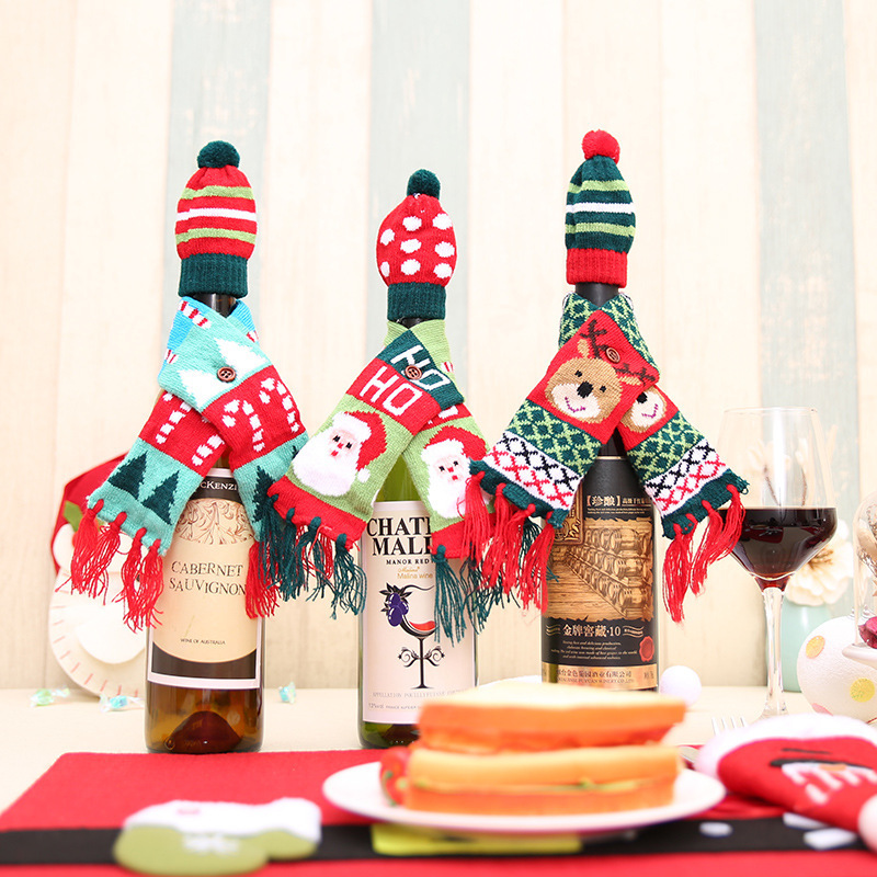 2023 Christmas Decorations Kniitted Scarf Hat Decorative Christmas Ornaments Santa Wine Bottle Sweater Cover