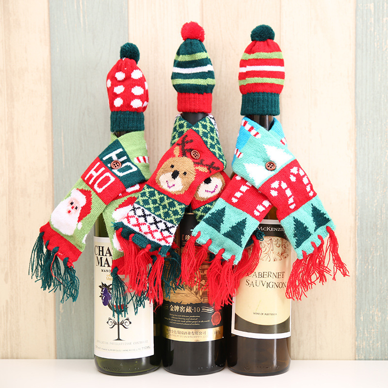 2023 Christmas Decorations Kniitted Scarf Hat Decorative Christmas Ornaments Santa Wine Bottle Sweater Cover