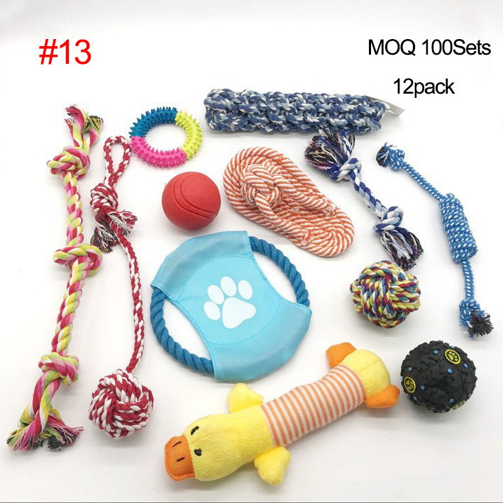 Custom Cat Pet Dog Chew Toy 10 11 12 Pack Set Ball Rubber Cotton Rope Squeaky Dog Chew Toy