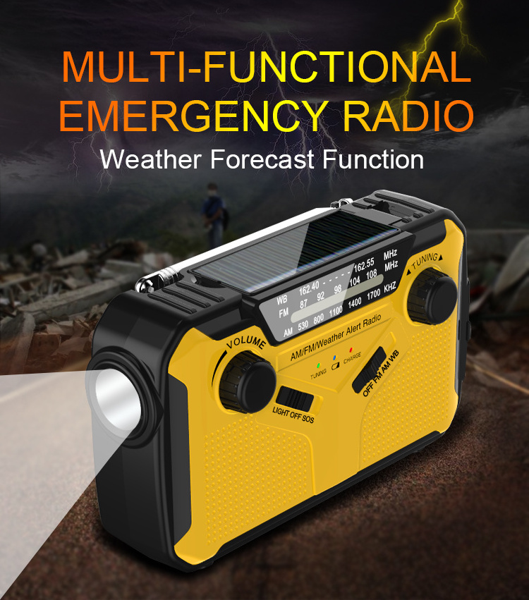 Weather Radio with AM.FM  SOS flash torch 3000mAh power bank Emergency Solar Hand Crank radio