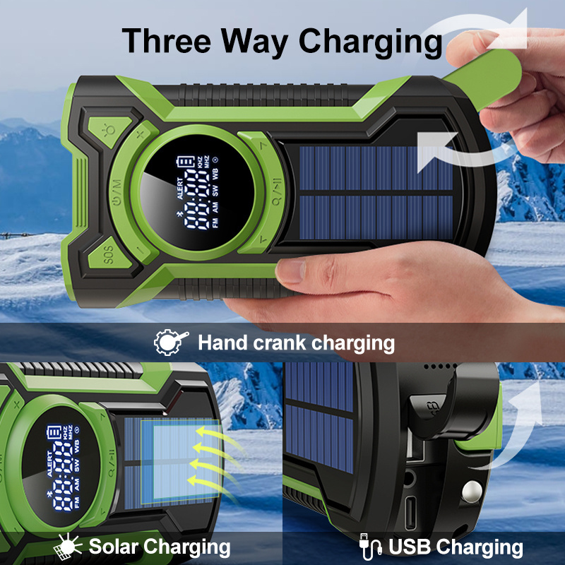 LED Flashlight 5000mah Power Bank IPX5 Emergency Radio Hand Crank Solar weather portable Radio am fm