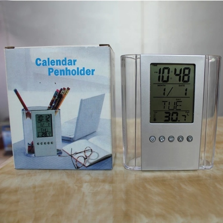 Hot Sale Multi-function Pen Holder with Clock Transparent Electronic Calendar With Pen Holder