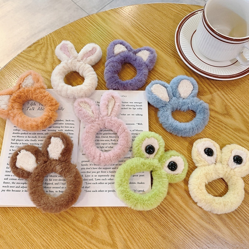 Sayoung women girls designer eyes bear bunny fox animals ears curly fluffy furry fuzzy faux fur hair ties scrunchie