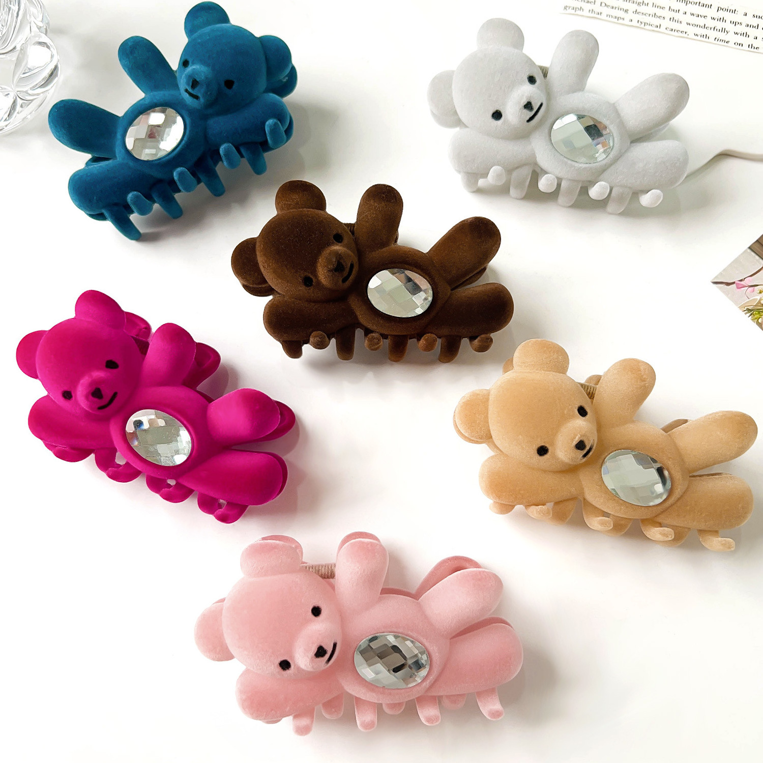 Sayoung Kids Girls Women Hair Accessories Korean Cute Elegant Diamond Hello Bear Flocking High Quality Hair Claw  Clips