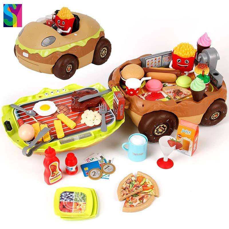 SY Creative Burger Car DIY Picnic Cooking Ice Cream Hot Dog Hamburger Pizza Food Toy Pretend Play set Kitchen Toys