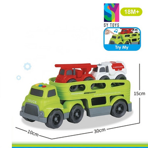 SY TOYS Amaz Top Seller Plastic Free Wheel Carrier Friction Powered Truck Car Toys with 2 Mini Sliding Car