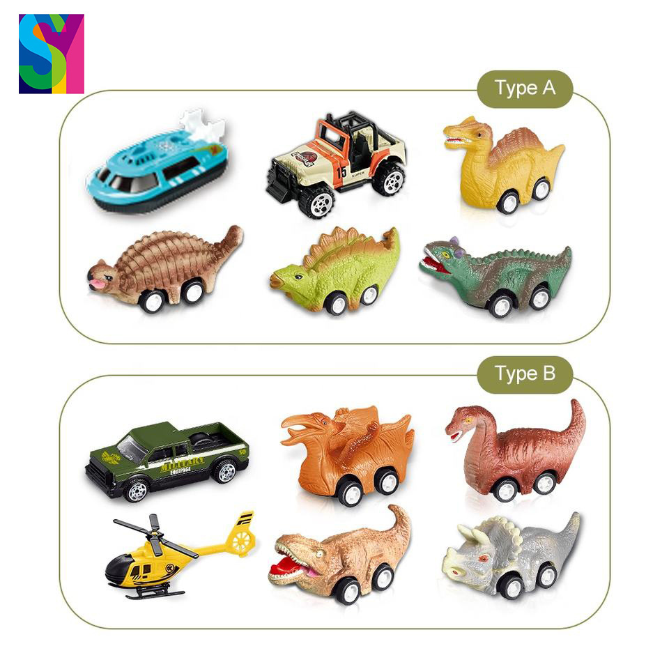 SY Kids Toys 2pcs Sliding Metal Mini Vehicle 4pcs Pull Back Dino Car Monster Storage New Big Dinosaur Truck