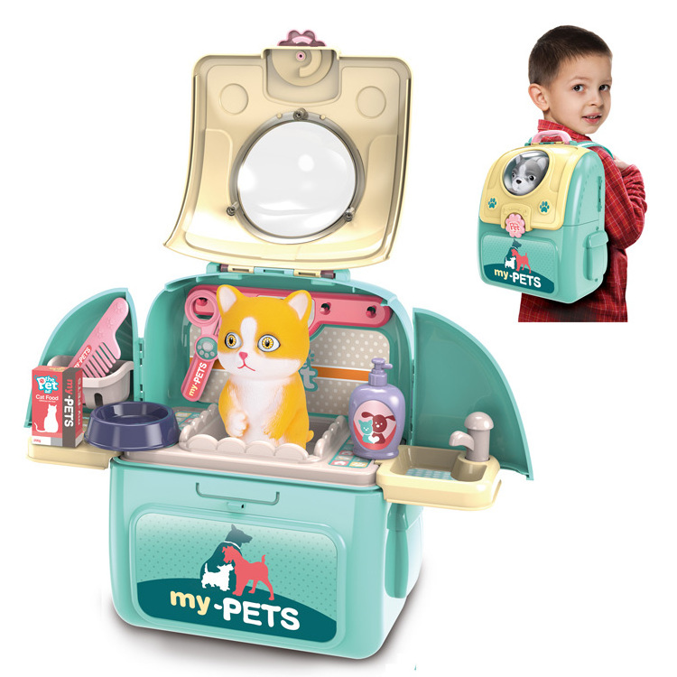 2020 new wholesale 2 in 1 kids toys bag pet care play set with accessories pretend puppy cat carrier sturdy gift case for kids