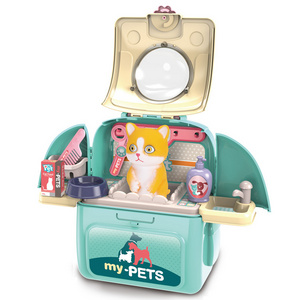 2020 new wholesale 2 in 1 kids toys bag pet care play set with accessories pretend puppy cat carrier sturdy gift case for kids