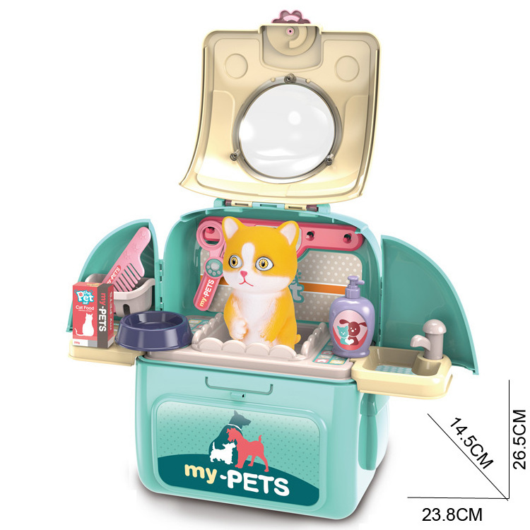 2020 new wholesale 2 in 1 kids toys bag pet care play set with accessories pretend puppy cat carrier sturdy gift case for kids