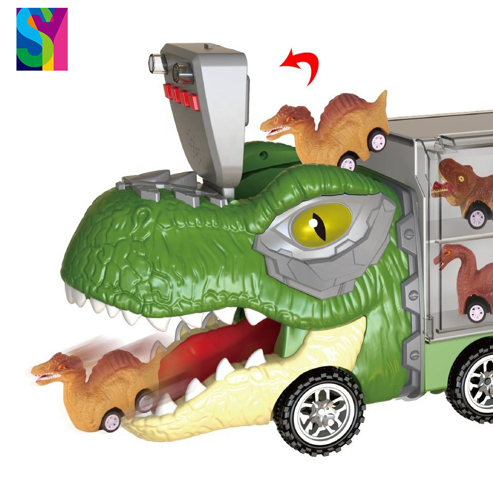 SY Kids Toys 2pcs Sliding Metal Mini Vehicle 4pcs Pull Back Dino Car Monster Storage New Big Dinosaur Truck