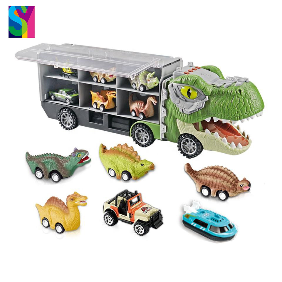 SY Kids Toys 2pcs Sliding Metal Mini Vehicle 4pcs Pull Back Dino Car Monster Storage New Big Dinosaur Truck