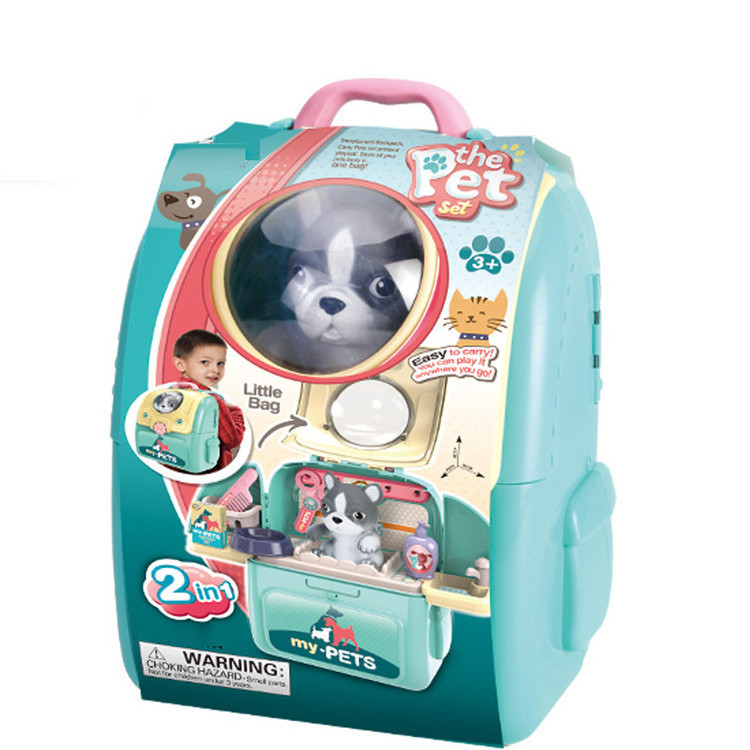 2020 new wholesale 2 in 1 kids toys bag pet care play set with accessories pretend puppy cat carrier sturdy gift case for kids