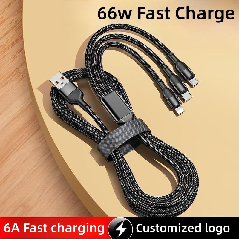 Multi Charging Cable 3 in 1 Nylon Braided Multi USB Cable Multiple Charger 66W 6A Fast Charging Cord For mobile phone