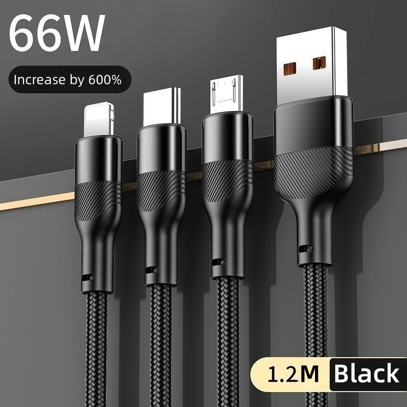 Multi Charging Cable 3 in 1 Nylon Braided Multi USB Cable Multiple Charger 66W 6A Fast Charging Cord For mobile phone