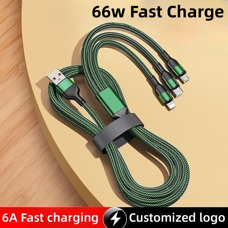 Multi Charging Cable 3 in 1 Nylon Braided Multi USB Cable Multiple Charger 66W 6A Fast Charging Cord For mobile phone