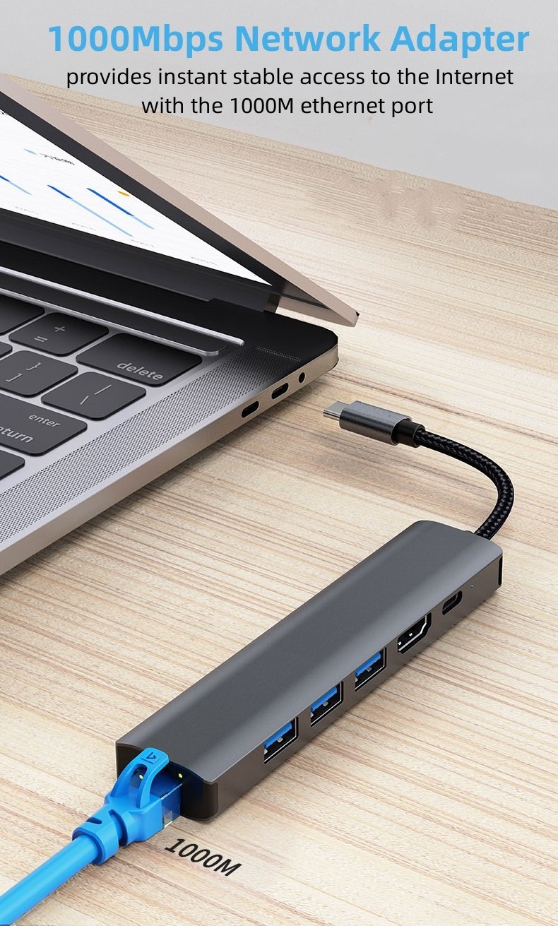 6 in 1 USB Hub and 7 in 1 Aluminum Type C Docking Station with 4K HDMI PD USB3.0 RJ45 SD/TF Charging Adapter for Macbook Pro