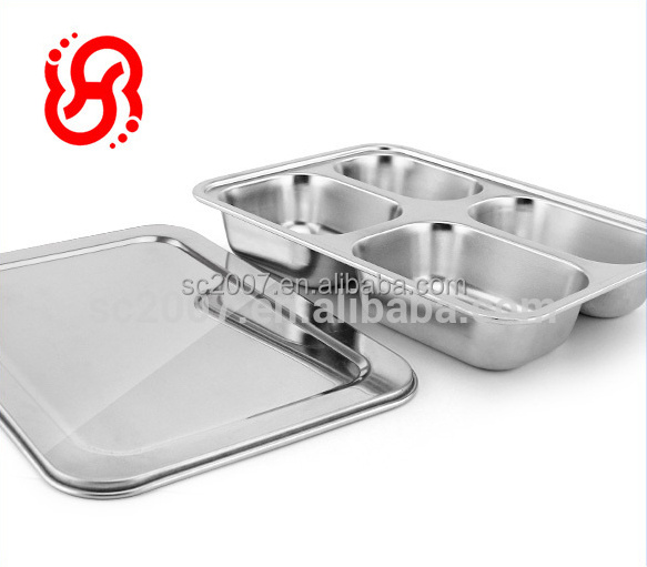 School Kids Rectangle Stainless Steel 4 Compartment Divided Dinner Plates with Cover