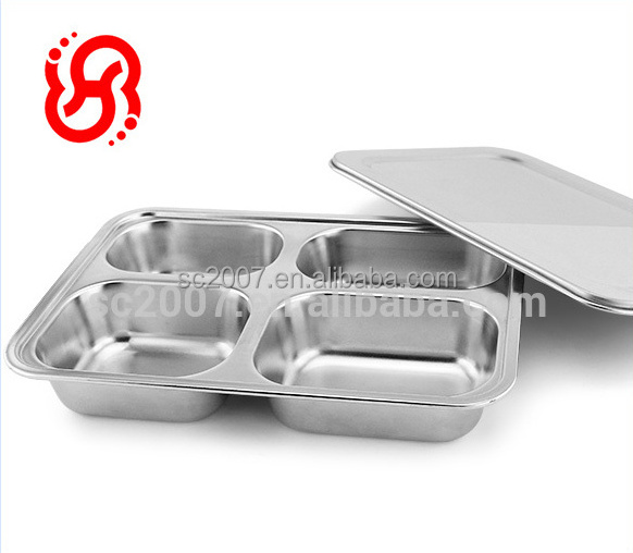 School Kids Rectangle Stainless Steel 4 Compartment Divided Dinner Plates with Cover