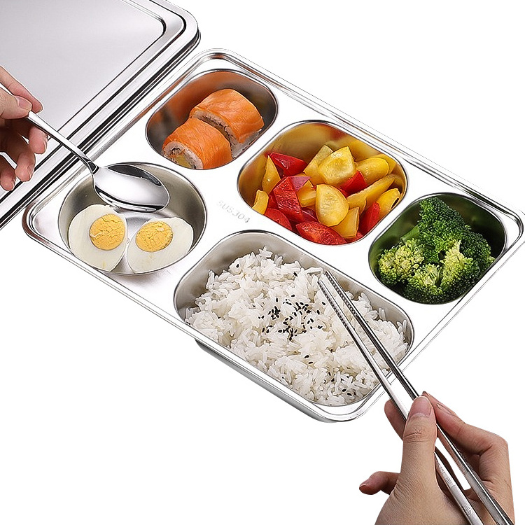 School Kids Rectangle Stainless Steel 4 Compartment Divided Dinner Plates with Cover